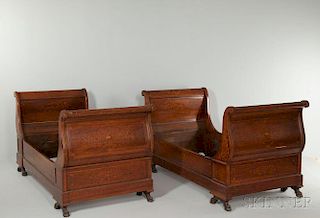 Two Dutch Marquetry Fruitwood Sleigh Beds