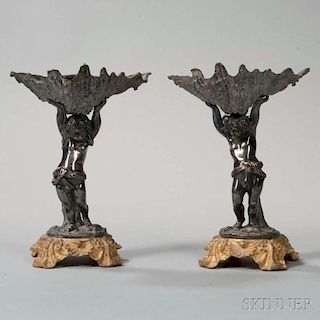 Pair of Louis XV-style Silvered Bronze Putto Tazzas