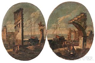 Venetian School, 18th Century Style      Pair of Oval Capriccio Landscapes