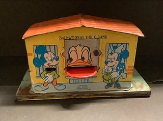  Disney 2nd National Duck Bank-  Mechanical Tin Disney Bank 1950