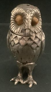English Sterling Silver Owl Shaped Pepper Shaker with Tiger Eyes