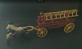  CAST IRON HORSE DRAWN FIRE WAGON WITH DIRVER, 2 LADDERS, 3 HORSES