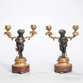 Pair of Gilt-bronze and Marble Putti Two-light Candelabra