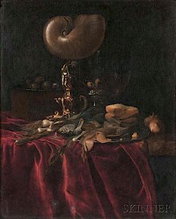 After Willem van Aelst (Dutch, 1627-after 1687)      Elaborate Still Life with Fish, Bread, and Nautilus Cup