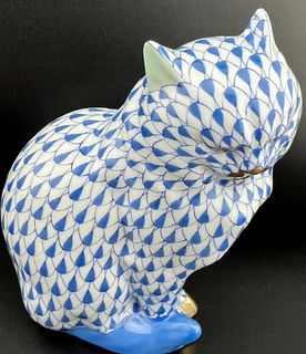 SIGNED HEREND Kitty CAT Blue Fishnet Figurine