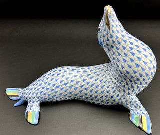 Signed Herend XL  HEREND Sea Lion / Seal Blue Fishnet Figurine