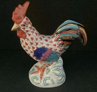 SIGNED HEREND FISHENT ROOSTER RUST FIGURINE