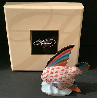 SIGNED HEREND FISHENT RUST FISH FIGURINEwith 24k gold accents and BOX