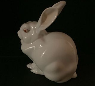 SIGNED HEREND  Crouching Sitting White Natural Bunny Rabbit 