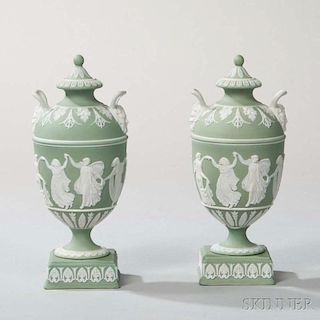 Pair of Wedgwood Green Jasper Dip Vases and Covers