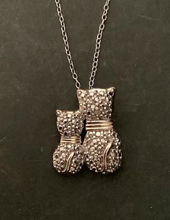 Sterling Silver Kitten pair pendant Necklace with diamond accent
