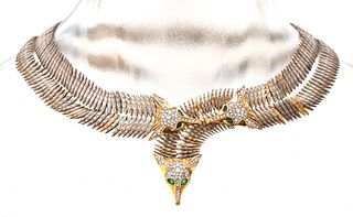 Erte (French, 1892-1990) Sterling Silver & 14kt Gold 'Three Fox' Necklace, L 17'' 3.21t oz