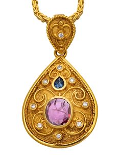 Ruby, Sapphire & 18kt Gold Pendant, 14kt Gold Chain, L 19'' 18g