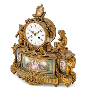 Hatton (Paris) Ormolu & Sevres Porcelain Mantel Clock, Ca. 1850, H 12.75'' W 12'' Depth 4''