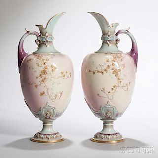 Pair of Worcester Porcelain Prismatic Enamels   Ewers