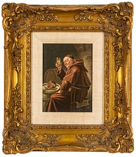 Os Dietrich, Painting On Porcelain Ca. 1900, "The Frugal Meal" Monk At Table