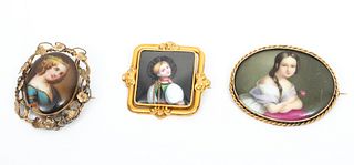 German Painting On Porcelain Brooches Ca. 19th.c., H 1.5'' 3 pcs