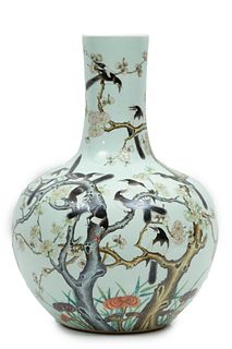 Large Chinese Porcelain Famille Rose 'Magpie And Prunus' Bottle Vase H 22'' Dia. 16''