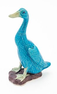 Chinese Porcelain Blue Duck, Impressed Cartouche Ca. 1900, H 9'' Depth 6''