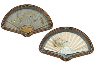 Pair of Japanese Handpainted Fans In Shadow Box Frames Ca. 1900, H 17'' W 26''