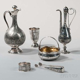 Six Pieces of Niello-decorated .875 Silver Tableware