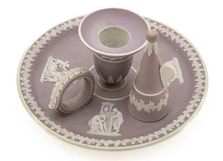 Wedgwood Candle Holder With Snuffer , White On Lavender H 3'' Dia. 6.5''