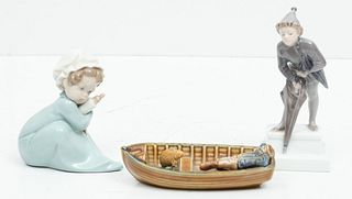 Royal Copenhagen Boy W/ Umbrella, Wade Fisherman & Lladro Porcelain Figures H 7'' L 6'' 3 pcs