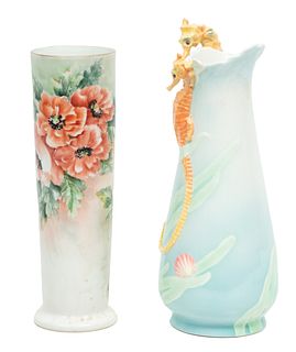 Limoges Poppy And Franz Seahorse Porcelain Vases Ca. 1900, H 12'' 2 pcs