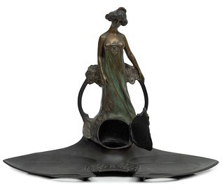 After Charles Korschann (Czech, 1872-1943) Art Nouveau Bronze Inkwell, H 10.5'' W 14'' Depth 6.5''