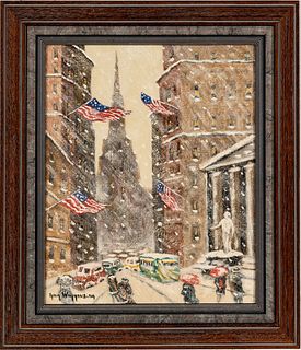 Guy Carleton Wiggins (American, 1883-1962) Oil On Canvasboard, Wall Street Winter, H 16'' W 13''