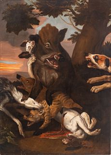 In The Manner of Abraham Danielsz Hondius (Flemish, 1625-1691) Oil On Canvas, Ca. 18th C., Wild Boar Hunt, H 70'' W 50''