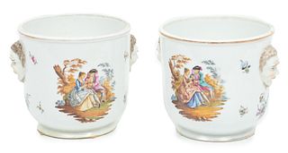German Porcelain Cache Pots, C. 19th C., Pair, H 7'' Dia. 7''
