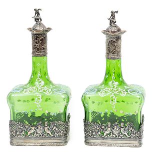 English Blown Glass Decanter In Silver Frame, Ca. 1897, H 10.75'' Includes A Mate In As-is Condition