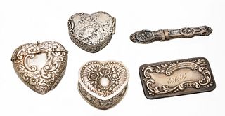 Sterling Heart Form Miniature Boxes +2 Others Ca. 19th.c., L 1.2'' 2.9t oz 5 pcs