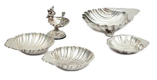 Sterling Silver Shell Form Dishes + Figural Master Salt L 5'' 5.2t oz 5 pcs
