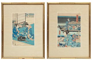 Japanese Woodblock Prints On Rice Paper, Geishas In Interior, H 14'' W 9'' 2 pcs