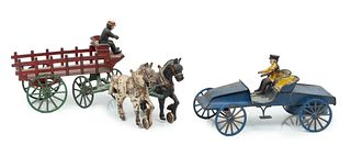Wilkins (American) Cast Iron Two Horse Train Wagon With Tin And Cast Iron Wind-up Runabout Car, Early 20th C., 2 pcs