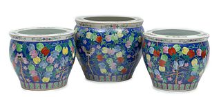 Guangzhou Arts & Crafts (Chinese) Painted Cermaic Planters Group Of Three, H 12'' Dia. 15''