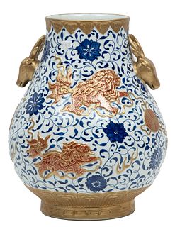 Chinese Polychrome Bailuzun Style Porcelain Vase, 21st C., H 13'' Dia. 10''