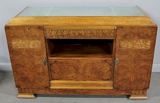 Carved Art Deco Walnut Cabinet with Etched Glass