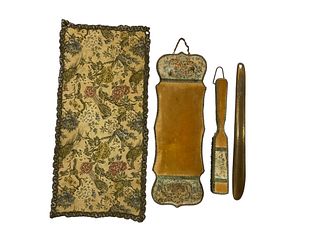 Tapestry and Velvet Vintage Clothes Brush and Brass Shoe Horn Set