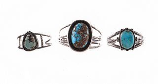 3 Native American Sterling & Turquoise Bracelets