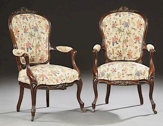 Pair of Carved Rosewood Fauteuils, 19th c., the le
