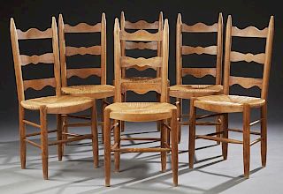 Set of Six French Carved Beech Rushseat Ladder Bac