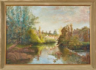 French School, "View of the Village Reflected in a