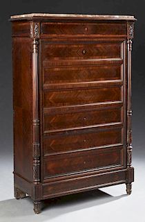 French Henri II Style Carved Inlaid Mahogany Marbl