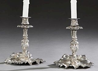 Pair of French Silvered Bronze Candlesticks, early