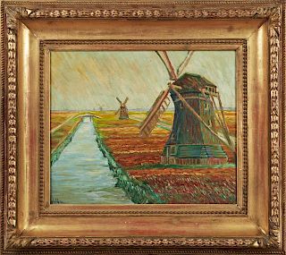 Leblanc, "Windmills Along the River," 20th c., oil on masonite, signed l.r., presented in a gold leaf and gesso frame, H.- 14