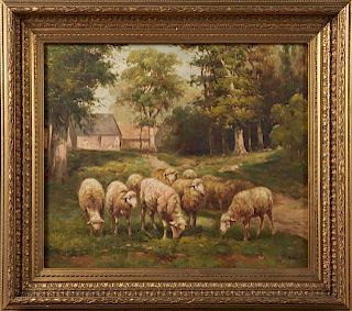 Chinese School, "Grazing Sheep," 20th c., oil on c