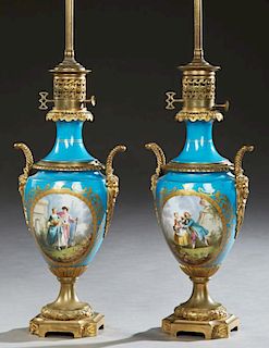 Pair of French Porcelain and Bronze Moderator Lamp